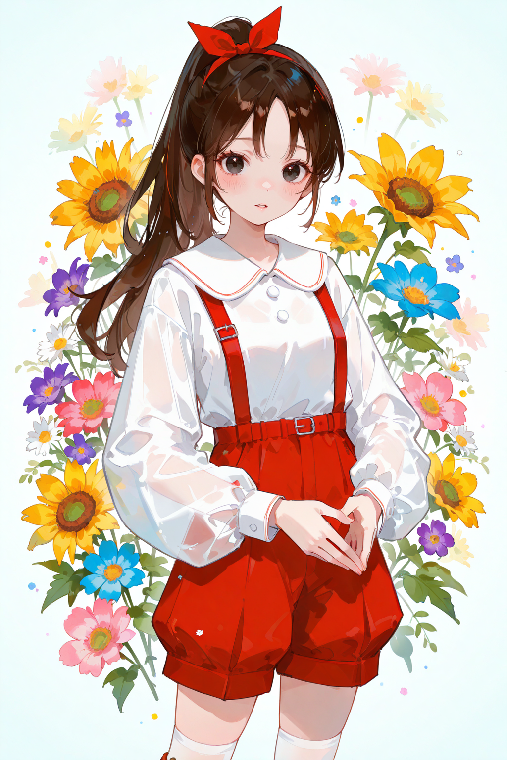 masterpiece,best quality,good quality,very aesthetic,absurdres,newest,1girl,solo,looking_at_viewer,blush,flower,cowboy_shot,parted_lips,parted_bangs,see-through,own_hands_together,red_flower,pink_flower,blue_flower,yellow_flower,purple_flower,sunflower,see-through_sleeves,orange_flower,colorful,daisy,holding,Watercolor,<lora:ponyv5_noobV065S_1_adamW-000013:0.25>,<lora:USNR_STYLE_XL_lokr:0.45>,<lora:ILwatercolor:0.25>,<lora:96YOTTEA-WAI:0.45>,
<lora:ruirui-noob-Tanger:0.8>,ruirui,clothes: ruirui red bib pants with white shirt,1girl,brown hair,shorts,brown footwear,white shirt,long hair,suspenders,black eyes,white kneehighs puffy socks,ponytail,