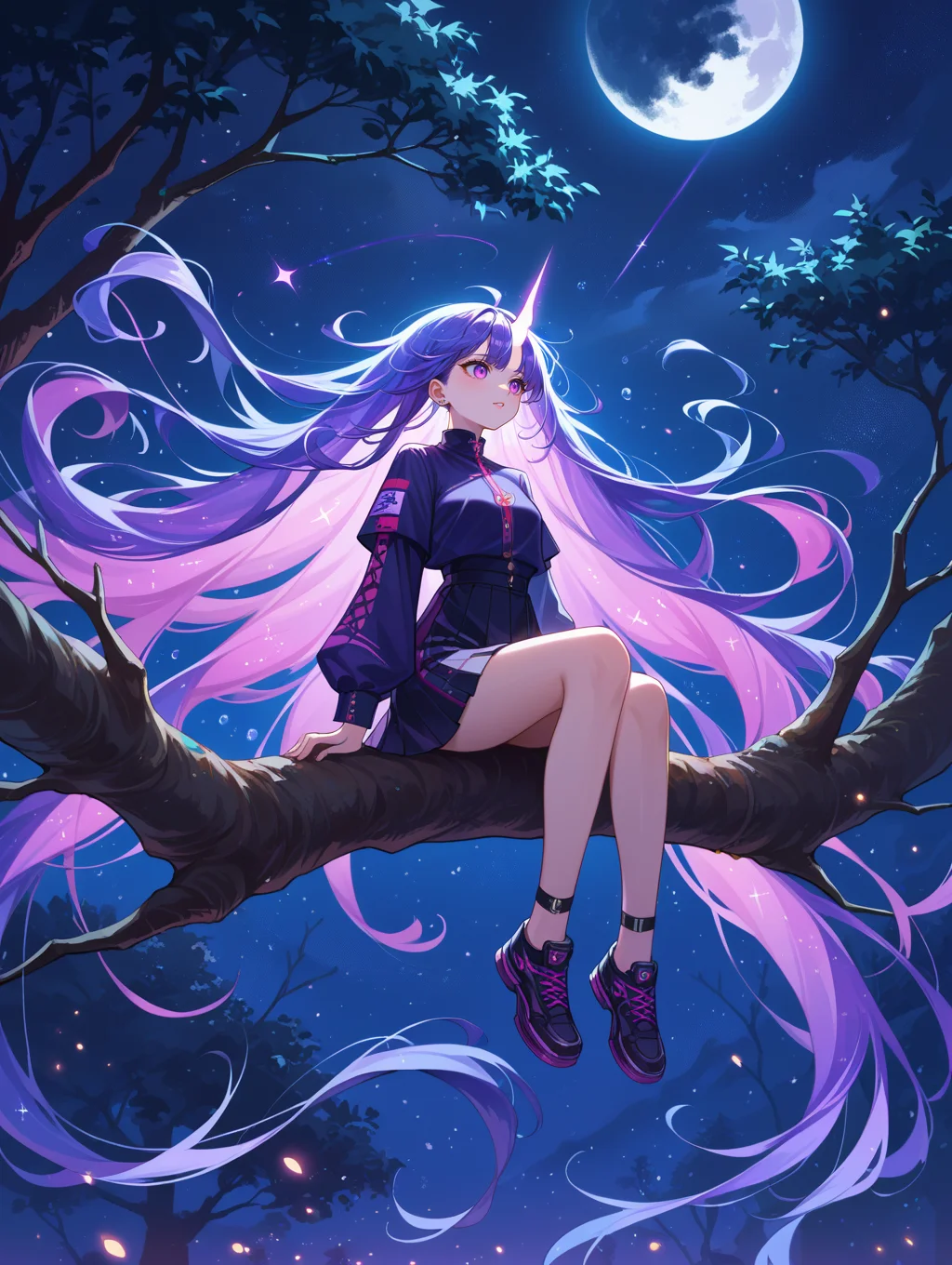 score_9, score_8_up, score_7_up, source_anime,
surreal,
1girl,Kpop idol, very long hair, floating hair,glowing hair,
night scene,moon in the sky,purple hues,starry night,dreamlike atmosphere,glowing edges,mystical,high contrast,ethereal light,sitting on a tree branch,light particles,
