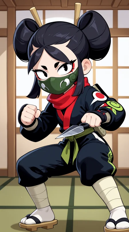 masterpiece, best quality, amazing quality, aesthetic, absurdres, best quality, 4k, upscale, indoors,1girl, kaze, solo, 1girl, black hair, weapon, black eyes, hair bun, holding, double bun, japanese clothes, kunai, ninja, holding weapon, looking at viewer, full body, thick eyebrows, mask, sandals, makeup, eyeliner, fighting stance, mouth mask,, ninja <lora:Kaze_IL:0.8>