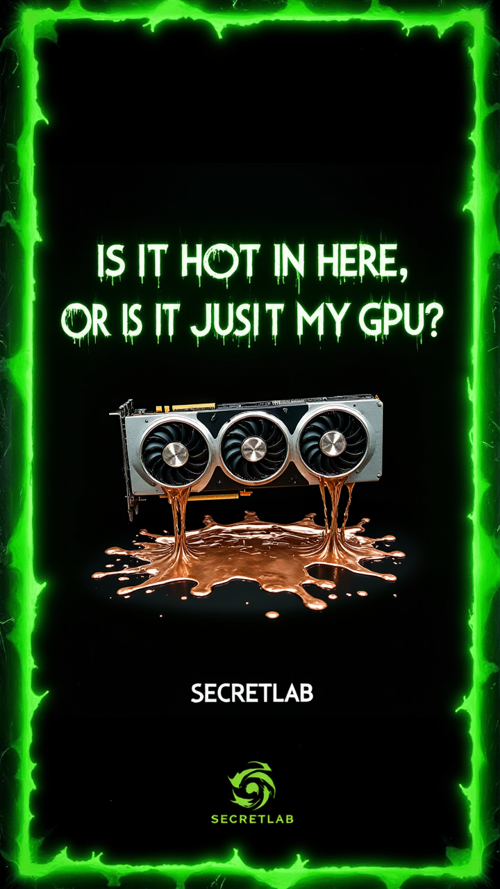 A creative depiction of a melting RTX 4090 with molten bronze dripping off, framed by an electric green border. The phrase "Is it hot in here, or is it just my GPU?" is presented in a futuristic font, accompanied by the Secretlab emblem.