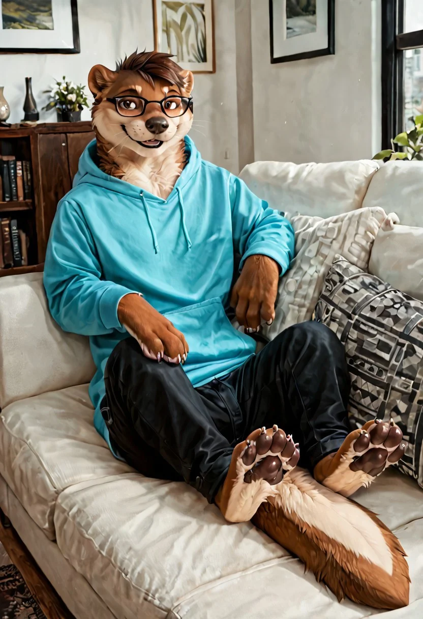 score_9, score_8_up, score_7_up, score_6_up
,
Otter, (clothed feral), (feral), (brown hair, short hair, hair,), (wearing a teal hoodie, black pants), (detailed background), living room, modern living room, smile, (male), fur, hair, solo, high quality, pose, sofa, furred body, otter paws, handpaw, fluffy, (detailed eyes, brown eyes),
,
highly detailed, realistic fur, beautiful, photorealism, photorealistic, dslr, photo, expressive, (eyebrows), full body, (glasses), eyewear, window, shelves, topwear, pawpads, paw pads, dutch angle, relaxed
,
sitting on the sofa, source_photo