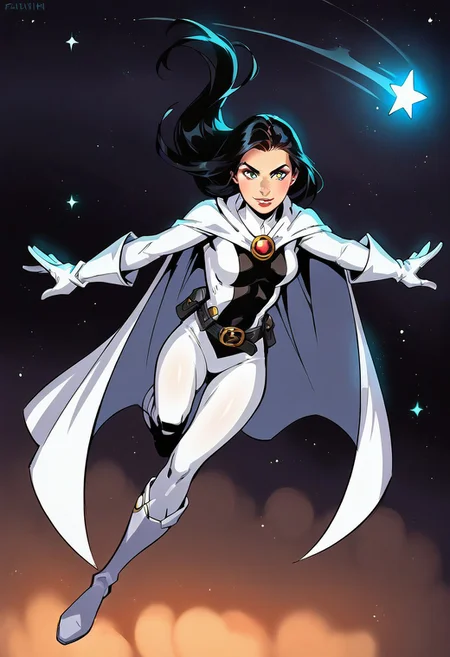 1girl, score_9, score_8_up, score_7_up, western cartoon, bright lighting, very detailed, depth of field, cinematic illumination, volumetric lighting, full color picture, vibrant colors, solo, alone, long hair, black hair, white cape, short cape, black belt, costume2, white gloves, long boots, white boots, full body, petite, full body, facing forward, looking at viewer, empty hands, action pose, flying, realistic,ultra detailed,sharp focus,RAW photo, starry sky, far shot,