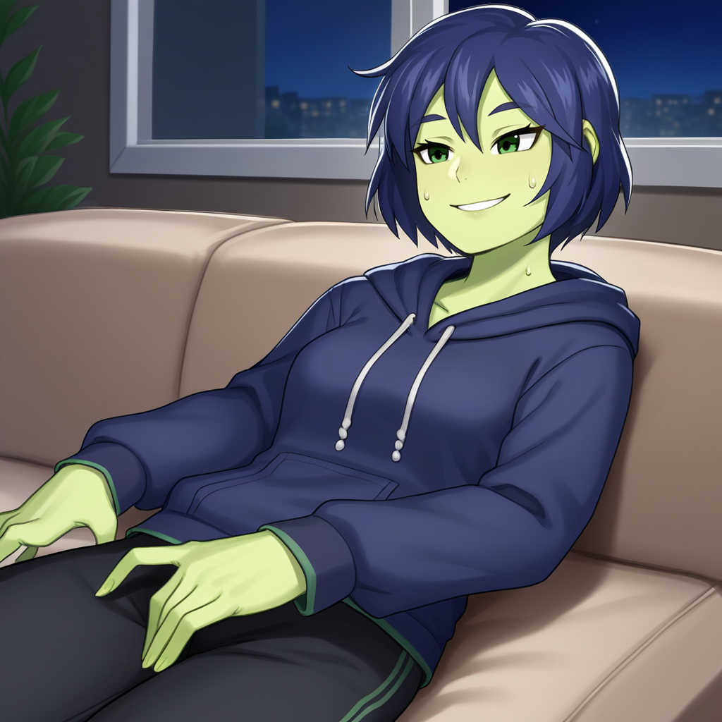 score_9, score_8_up, score_7_up, score_6_up, score_5_up, score_4_up, zPDXL2,source_anime,rating_questionable, 1girl,lounging on couch, hoodie, sweat pants, night, smile, tv, interior, <lora:Mona_-_Shovel_Knight:0.8> mona_shovelknight, green skin, short hair, blue hair, green eyes