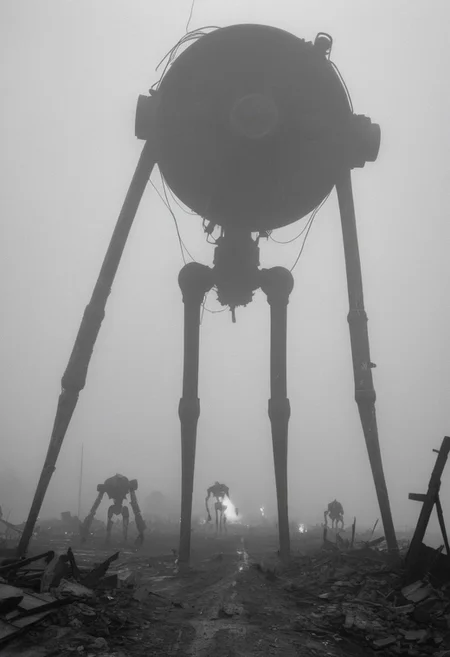 monochrome, black and white photo, old photo,blurry, low quality, old photo defects, world war 1, steam punk technology, automatons, battlefield, destroyed city,rubble, collapsed buildings, fires, artillery, Thick fog, strange shaped robots moving in the distance,massive machines in far distance,massive robots with 3 long legs , bodies,no arms, antenna, wires, consistent design,three lights ,cylindrical object protruding from the body with 3 lights on its front, looking at viewer, scary, only silhouettes, damaged robots, trench warfare, no mans land, large robots, art style of simon stalenhag
