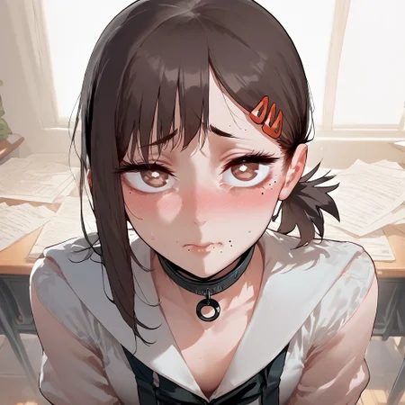 score_9, score_8_up, score_7_up, Expressiveh, (solo focus), eyesHD, high gradient eyes, high definition eyes, detailed eyes, fair skin, asian, woman, youthful adult, college age, 20 year old, best quality, ((an adult student is studying how to be a whore)), blush, emaciated, very thin, skinny, school uniform, white shirt, plaid skirt, stylish leather collar, small breasts, flat chest, narrow hips, very long black hair in a ponytail, brown eyes, natural eyebrows, thinking, listening, learning, concentrating, embarrassed, lip piercing, pencil, paper, classroom, laptop, desks, wallscreens, girly tennis shoes with bright white laces, beauty mark, Kobeni, Higashiyama Kobeni, kobeni higashiyama,hair ornament, hairclip, mole, mole under eye,