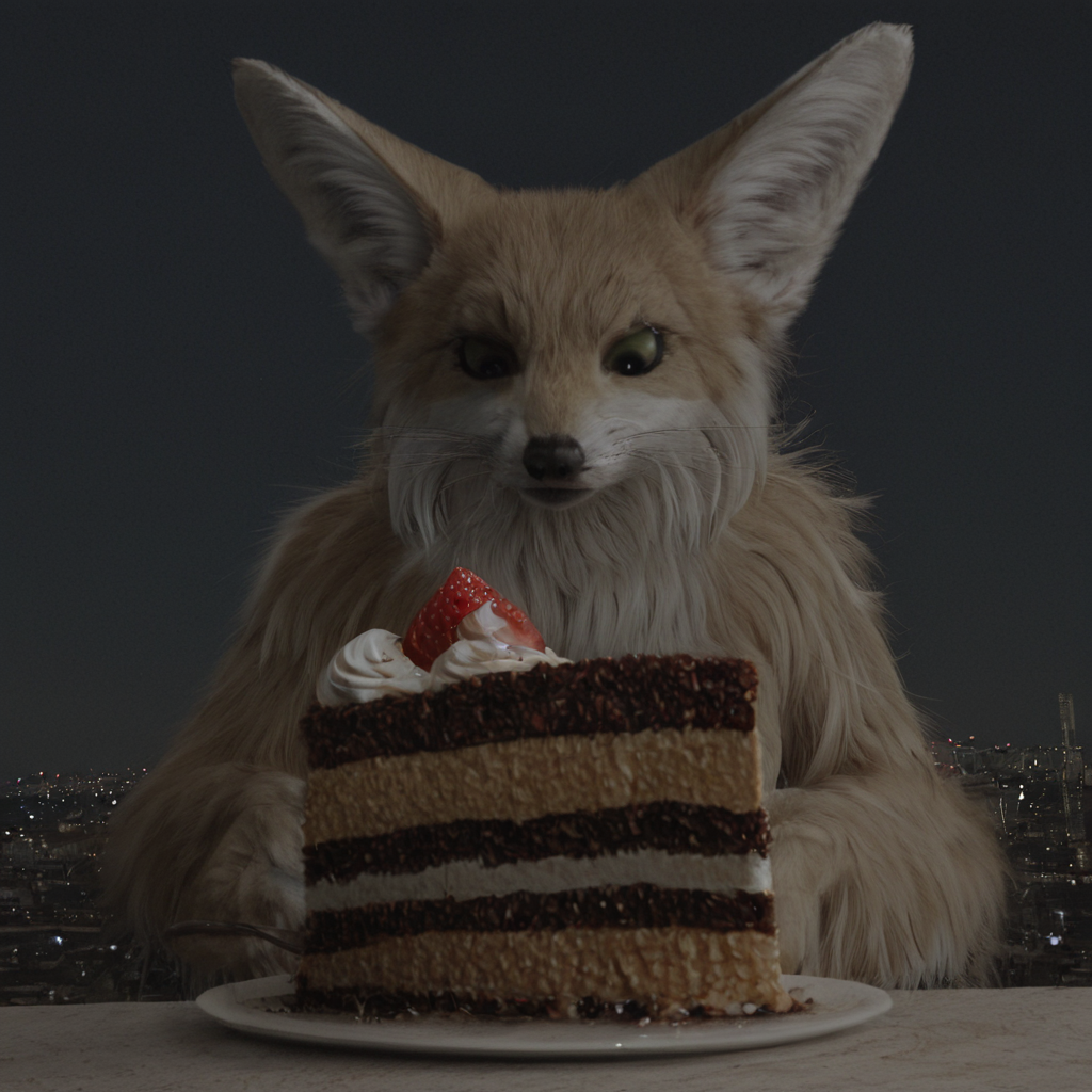 highres, best quality, masterpiece, very aesthetic, newest,source_photo,realistic,cinematic,solo,suzuran_(deathball) on the rooftop, cityscape, metal railings, night sky, city lights, solo, upper body,  plate , cake slice, whipped cream, strawberry, holding spoon , table , looking down,from below ,  <lora:ReallustriousX:1>