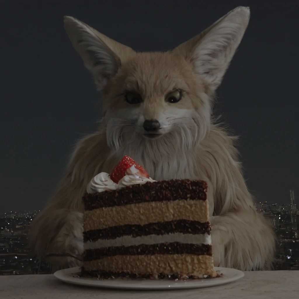 highres, best quality, masterpiece, very aesthetic, newest,source_photo,realistic,cinematic,solo,suzuran_(deathball) on the rooftop, cityscape, metal railings, night sky, city lights, solo, upper body,  plate , cake slice, whipped cream, strawberry, holding spoon , table , looking down,from below ,  <lora:ReallustriousX:1>