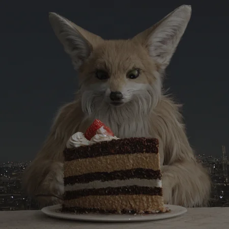 highres, best quality, masterpiece, very aesthetic, newest,source_photo,realistic,cinematic,solo,suzuran_(deathball) on the rooftop, cityscape, metal railings, night sky, city lights, solo, upper body, plate , cake slice, whipped cream, strawberry, holding spoon , table , looking down,from below , <lora:ReallustriousX:1>