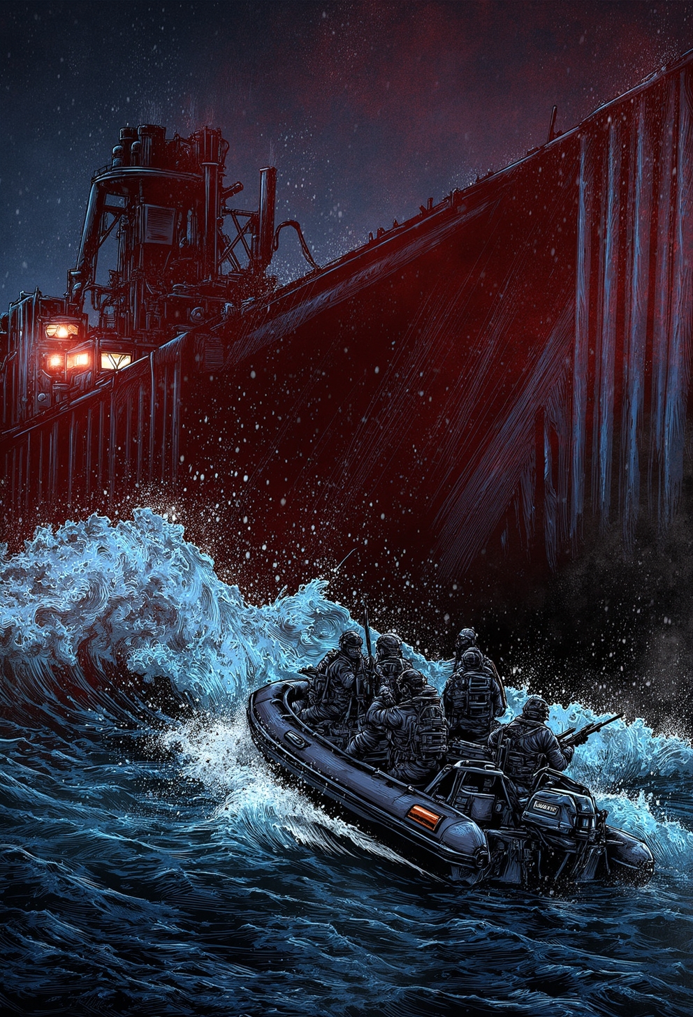 BPRE art of a scene under the cover of night, a tactical team races through rough seas toward a massive cargo freighter, its towering structure glowing with industrial floodlights. The Zodiac boat cuts through the frothy waves as rain pours, drenching the operators. The soldiers are positioned strategically, their body language indicating focus and readiness, weapons aimed at unseen targets. The ship's metal hull glistens ominously, with water pouring off its sides in thunderous sheets. The mood is cinematic, blending the raw power of the ocean with the cold precision of a military mission. signature red hue of BPRE artwork
<lora:BPRE:1>