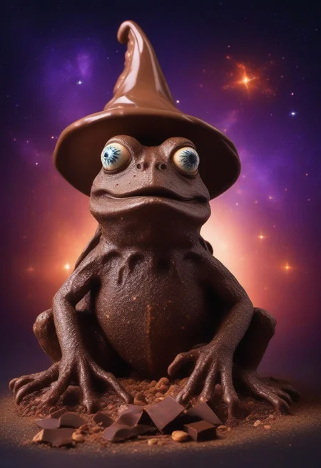 (chocolate frog with a wizard hat made of chocolate with googly eyes), eating chocolate goo, sharp teeth, surrounded by chocolate chips
Close up, space stars background.
(skeleton glowing)
zavy-flrscnc, fluorescent, fluorescent spraypaint,