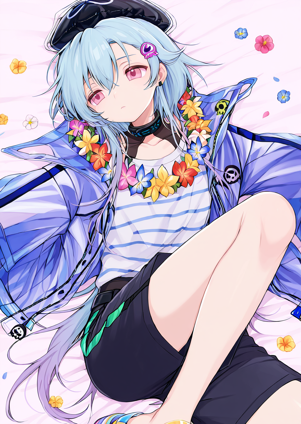 <lora:ShimizuAkina250208:1>,ShimizuAkina,OcBoy,<lora:mizuki_arknights_for_IL:1>,mizuki_\(remove\)_\(arknights\),mizuki_\(summer_feast\)_\(arknights\),blue hair,black headwear,pink eyes,gradient hair,beret,black collar,hair ornament,striped shirt,cropped legs,flower necklace,blue jacket,sandals,<lora:NOOB_vp1_detailer_by_volnovik_v1:1>,<lora:noobai_ep11_stabilizer_v0.138_fp16:1>,