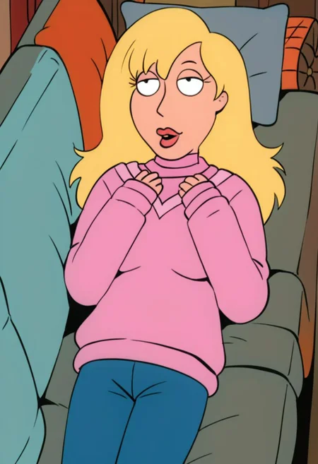 Score_9_up, score_8_up, score_7_up, 1girl, solo, cdamco, connie d'amico, blonde hair, long hair, red lips, pink sweater, blue pants, laying on couch, living room