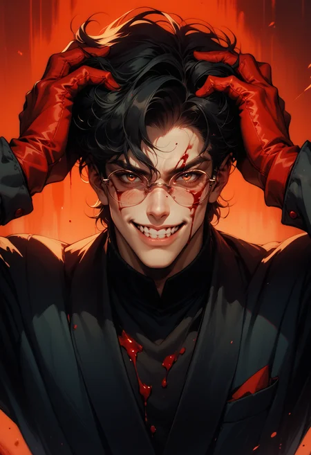 (score_9, score_8_up), score_7_up,
looking at viewer, smile, gloves, long sleeves, 1boy, male focus, glasses, teeth, grin, hands up, blood, glowing, clenched teeth, blood on face, hands on own head, black hair, retro  <lora:nostalgia-000011:0.5>