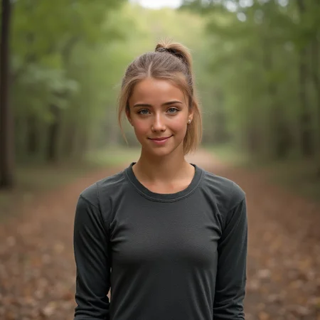 Hyperrealistic photoshot: (HaydenMixer is standing in the woods, smiling, wearing long-sleeved sportswear, 25 years old, small breasts, ponytailed blonde hair, athletic figure),