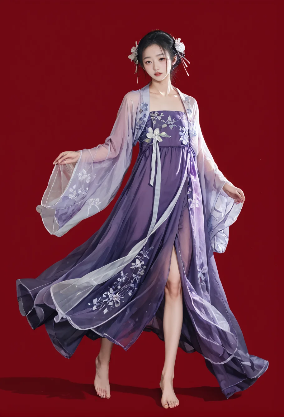 red background,barefoot,,ruanyi0752,hanfu,purple dress,see-through,wide sleeves,<lora:0752 Wisteria butterfly hanfu_v1_pony:1>, score_9,score_8_up,score_7_up,,8k,1girl,solo,