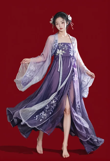 red background,barefoot,,ruanyi0752,hanfu,purple dress,see-through,wide sleeves,<lora:0752 Wisteria butterfly hanfu_v1_pony:1>, score_9,score_8_up,score_7_up,,8k,1girl,solo,