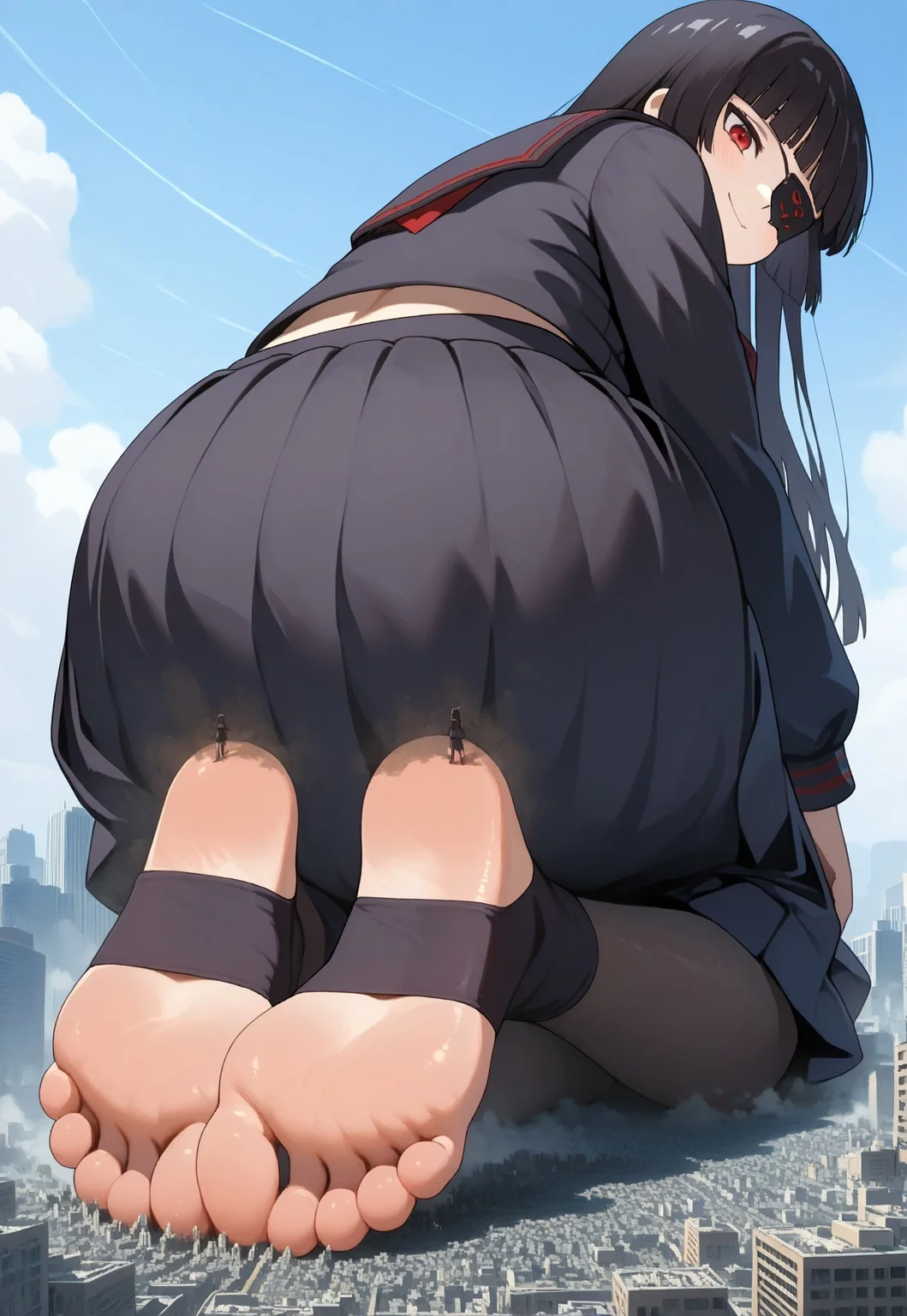 , giantess, full body view, foreshortening, foreshortening, Giantess, City, giantess, from behind, best quality, absurdres, 1girl, solo, hips, 20yo, farting, sitting down, foot Focus, huge ass, perfect ass, sitting
Round ass
feet, sitting on feet, on knees
, score_9, score_8_up, score_7_up, 1girl, solo. mirai, long hair, black hair, red eyes, eyepatch, bangs, blunt bangs,
skirt, shirt, long sleeves, navel, school uniform, pantyhose, pleated skirt, necktie, serafuku, midriff, black skirt, sailor collar, black shirt, black sailor collar, black serafuku, parody, exposed midriff, looking at viewer, smile, dynamic view, dynamic angle, outdoors, stirrup legwear
<lora:giantess-ponyxl-lora-nochekaiser:1> giantess, giant, city, building, outdoors, destruction,