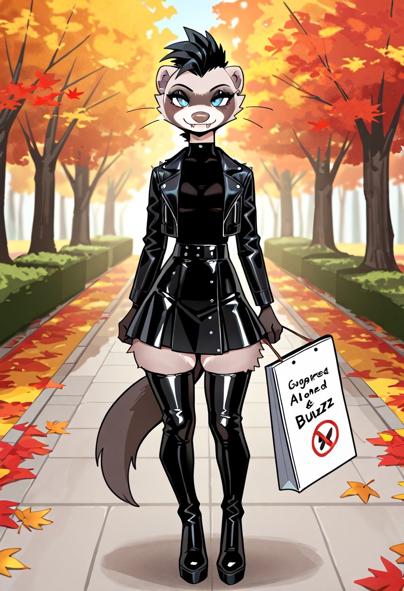 score_9, score_8_up, score_7_up, highres, high quality, perfection, masterpiece,
BREAK 
1girl, (solo: 2.0), girl alone, front towards viewer, full body in view
BREAK 
furry female, ferret girl, anthropomorphic female, (anthro ferret girl: 1.2), beautiful girl, detailed fur, ((short black mohawk)), beautiful face, fangs, eyelashes, sexy pose (blue eyes: 1.2), perfect eyes, detailed eyes, whiskers, small breasts, black eyebrows, black eyeshadow, black lipstick, detailed hands, perfect hands
BREAK
((black latex knee length skirt)), ((black latex shirt)), ((black leather punk jacket)), ((black latex thigh high boots))
BREAK
standing, looking at viewer, (((holding a white sign in front of body with black text that says “Need Buzz”))), aidmatextimprover, smug smile,
BREAK
outdoors, day, park, trees, autumn, autumn leaves, falling leaves,