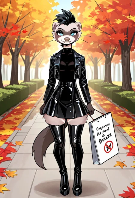 score_9, score_8_up, score_7_up, highres, high quality, perfection, masterpiece,
BREAK 
1girl, (solo: 2.0), girl alone, front towards viewer, full body in view
BREAK 
furry female, ferret girl, anthropomorphic female, (anthro ferret girl: 1.2), beautiful girl, detailed fur, ((short black mohawk)), beautiful face, fangs, eyelashes, sexy pose (blue eyes: 1.2), perfect eyes, detailed eyes, whiskers, small breasts, black eyebrows, black eyeshadow, black lipstick, detailed hands, perfect hands
BREAK
((black latex knee length skirt)), ((black latex shirt)), ((black leather punk jacket)), ((black latex thigh high boots))
BREAK
standing, looking at viewer, (((holding a white sign in front of body with black text that says “Need Buzz”))), aidmatextimprover, smug smile,
BREAK
outdoors, day, park, trees, autumn, autumn leaves, falling leaves,