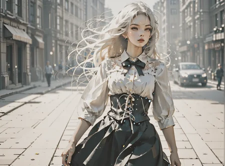 score_9, score_8_up, score_7_up, character in profile, walking, looking at surroundings, woman, pale skin, large breasts, <lora:sm0k3XLP:1>, <lora:goth_clothes:1>, (skirt(side lace-up corset, black skirt)), Long white hair, young face, <lora:john:1>, <lora:Eldritch_Universe_Style:1>,