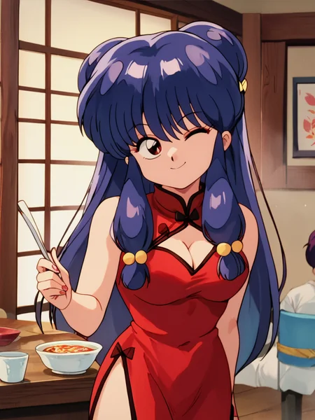 score_9, score_8_up, score_7_up, 1girl, very cute face, solo focus, looking at viewer, sfw, evil smile, portrait, (dynamic pose:1), cute, medium breasts, thick thighs, sexy pose, holding a ramen, one eye closed, smile, restaurant, floating hair, cleavage,
<lora:ShampooXLP_character:0.8> ShampooXLP, long hair, purple hair, double bun, bangs, hair ornament, hair bell, sidelocks, red eyes, red china dress, retro artstyle, anime screencap, shampoo \(ranma 1/2\),