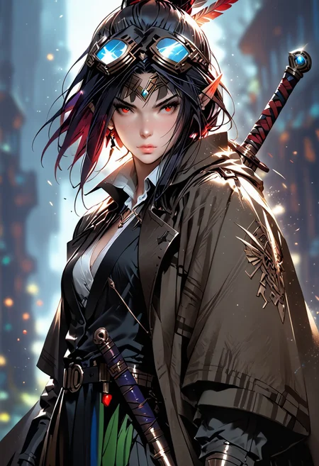 score_9, score_8_up, score_7_up, rating_suggestive, one female, one person, elf, red eyes, dark skin, no armor, black hair, easynegative, negative_hand, MythAn1m3, large goggles, professor, warlock, sorcerer, large glowing tattoo, raven feather mantle, large black great sword, rugged clothes, archaeologist, Trench coat, long coat,
