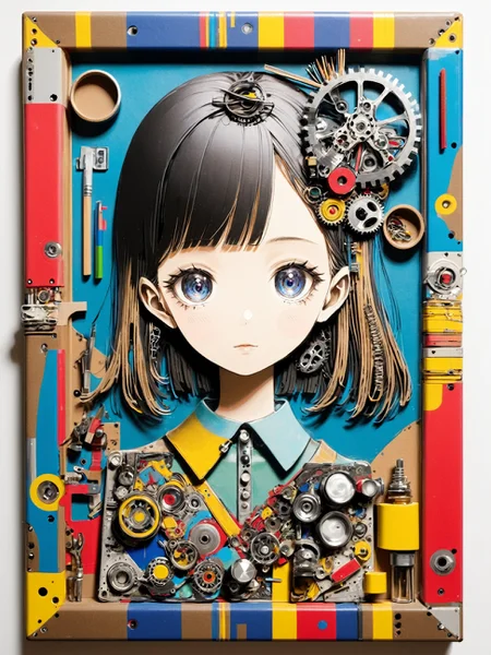 1girl, Create an image using junk art elements, with repurposed materials, found objects, and a sense of resourcefulness and creativity.