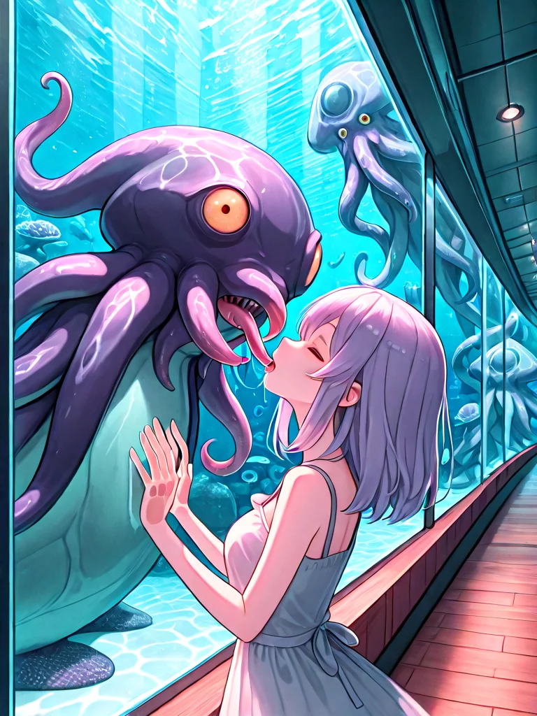 absurdres, explicit, aquarium tunnel, aquarium, kraken, cthulhu, tentacle, gigantic animal, underwater, hands on glass, hands on window, glass wall, 1girl, short dress, window, reflection, hallway, wooden floor, upper body, from side, profile, kiss, open mouth, saliva, closed eyes, <lora:girllikedolphinunderwater_ilxl:1>