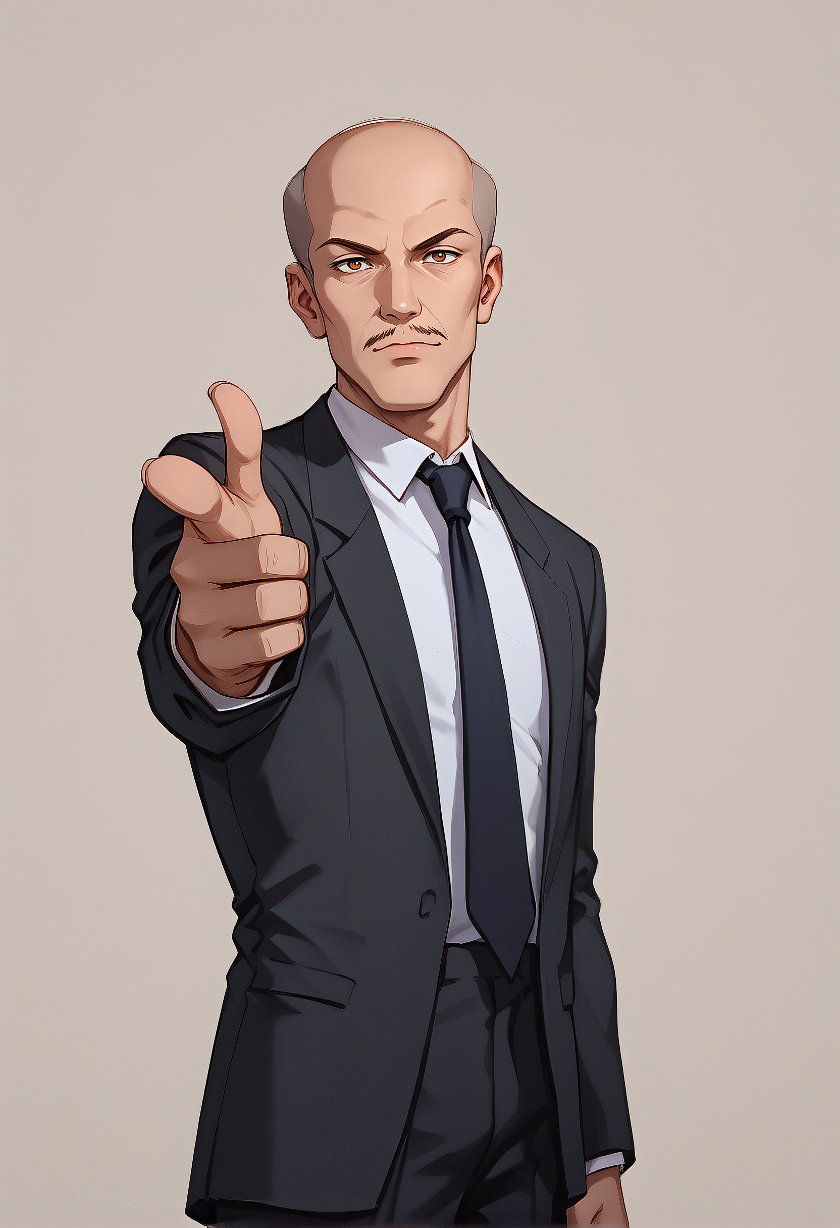 embedding:Pony\Positive\zPDXL3, score_9, score_8_up, score_7_up, 1boy, jerry_ts!, bald, grey hair, brown eyes, slim, mustache, facial hair, black suit, formal, tie, finger gun, pointing at viewer, simple background, best quality, high resolution, masterpiece.