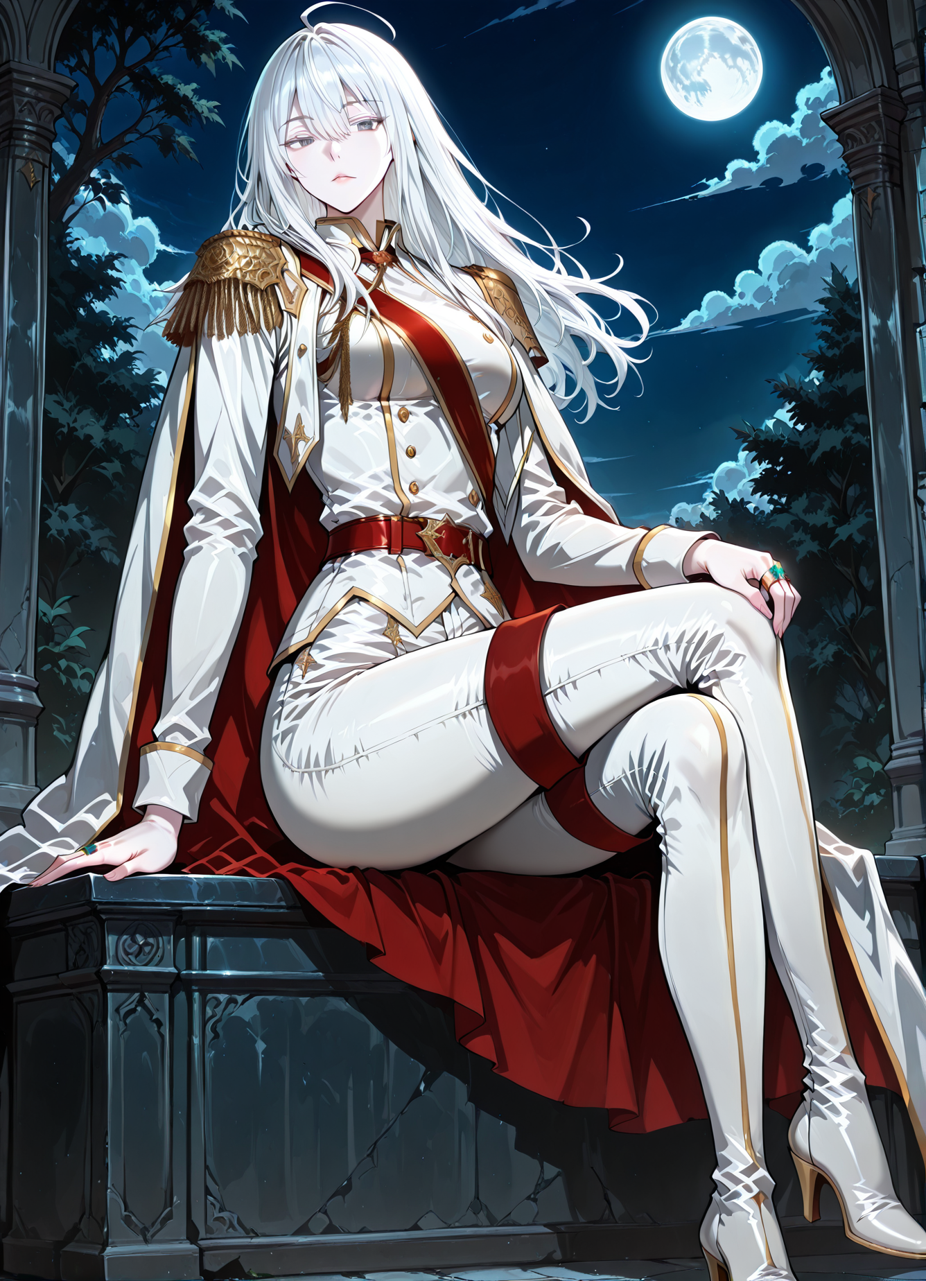 <lora:Varay_Aurae__The_Beginning_After_The_End__Illustrious:1>
1 girl, solo, grey eyes, white hair, long hair, bangs, pale skin, hair between eyes, ahoge, scar above right eye
military uniform, white cape, epaulettes, ring, jewelry, white pants, long sleeves, white thigh boots, thighhighs, high heels, belt, white jacket, red sash, <lora:iLLMythG0thicL1nes:1>
(Anime_source),Masterpiece,(perfect female body:1.2), small waist,(incredibly detailed:1.4), slim, parted lips, looking at viewer, sitting, crossed legs, night, blue moon