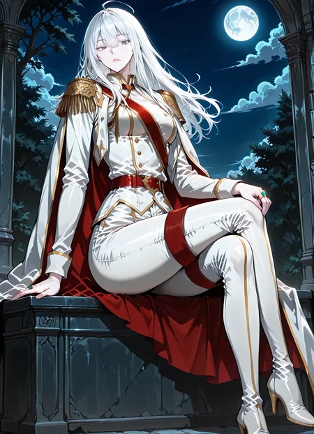 <lora:Varay_Aurae__The_Beginning_After_The_End__Illustrious:1>
1 girl, solo, grey eyes, white hair, long hair, bangs, pale skin, hair between eyes, ahoge, scar above right eye
military uniform, white cape, epaulettes, ring, jewelry, white pants, long sleeves, white thigh boots, thighhighs, high heels, belt, white jacket, red sash, <lora:iLLMythG0thicL1nes:1>
(Anime_source),Masterpiece,(perfect female body:1.2), small waist,(incredibly detailed:1.4), slim, parted lips, looking at viewer, sitting, crossed legs, night, blue moon