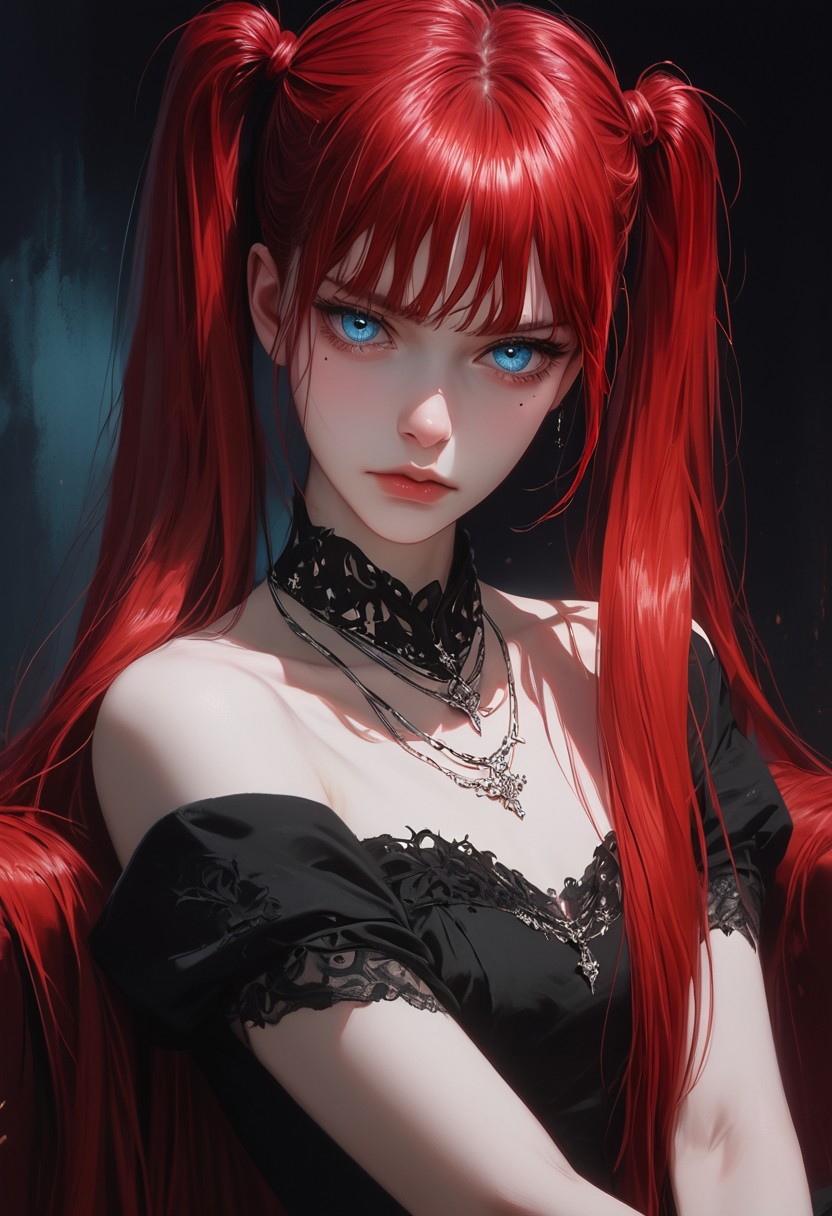 masterpiece,best quality, highly detailed, score_9, score_8_up, score_7_up, score_6_up, source_cartoon,Expressiveh,g4n1m3,comicbookpage style,
masterpiece,best quality,amazing quality,very aesthetic,absurdres,newest,detailed eyes, detailed, 1girl, realistic body, black dress, short sleeves, bare shoulders, strapless dress, black dress, upper body, twintails, very long hair, long bangs, light blue eyes, mole under eye, closed mouth, necklace, dark background, sitting, red hair,, add more details. Highly detailed