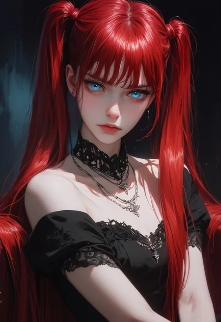 masterpiece,best quality, highly detailed, score_9, score_8_up, score_7_up, score_6_up, source_cartoon,Expressiveh,g4n1m3,comicbookpage style,
masterpiece,best quality,amazing quality,very aesthetic,absurdres,newest,detailed eyes, detailed, 1girl, realistic body, black dress, short sleeves, bare shoulders, strapless dress, black dress, upper body, twintails, very long hair, long bangs, light blue eyes, mole under eye, closed mouth, necklace, dark background, sitting, red hair,, add more details. Highly detailed