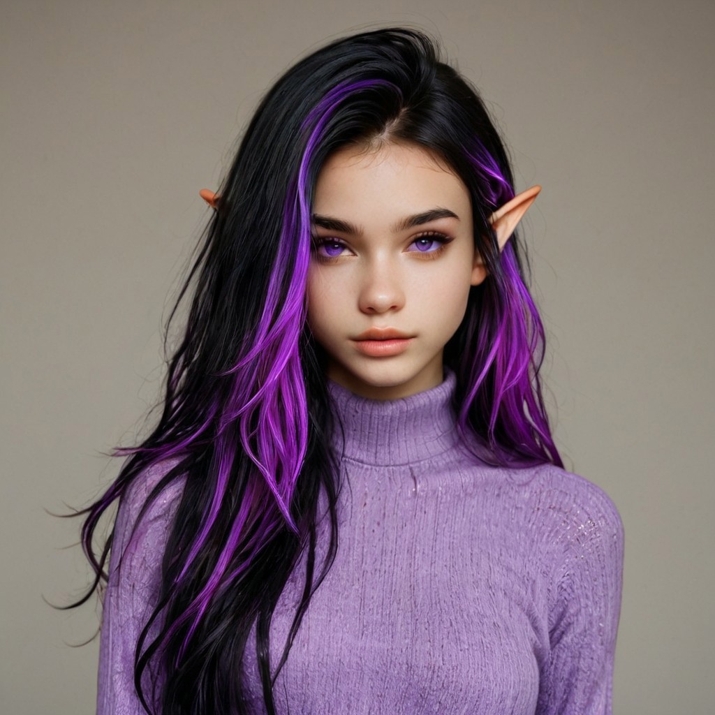 Isabella, wearing a purple sweater, sexy elf, black hair with purple highlights, long styled curly hair, hyper realistic,