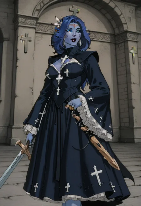 masterpiece, best quality, highly detailed, high resolution, absurdres, amazing quality, intricate detail, aradg, colored skin, blue eyes, blue hair, lipstick, makeup, pointy ears, facial mark, dress, cross, frills, long sleeves, wide sleeves, retro, weapon, sword,