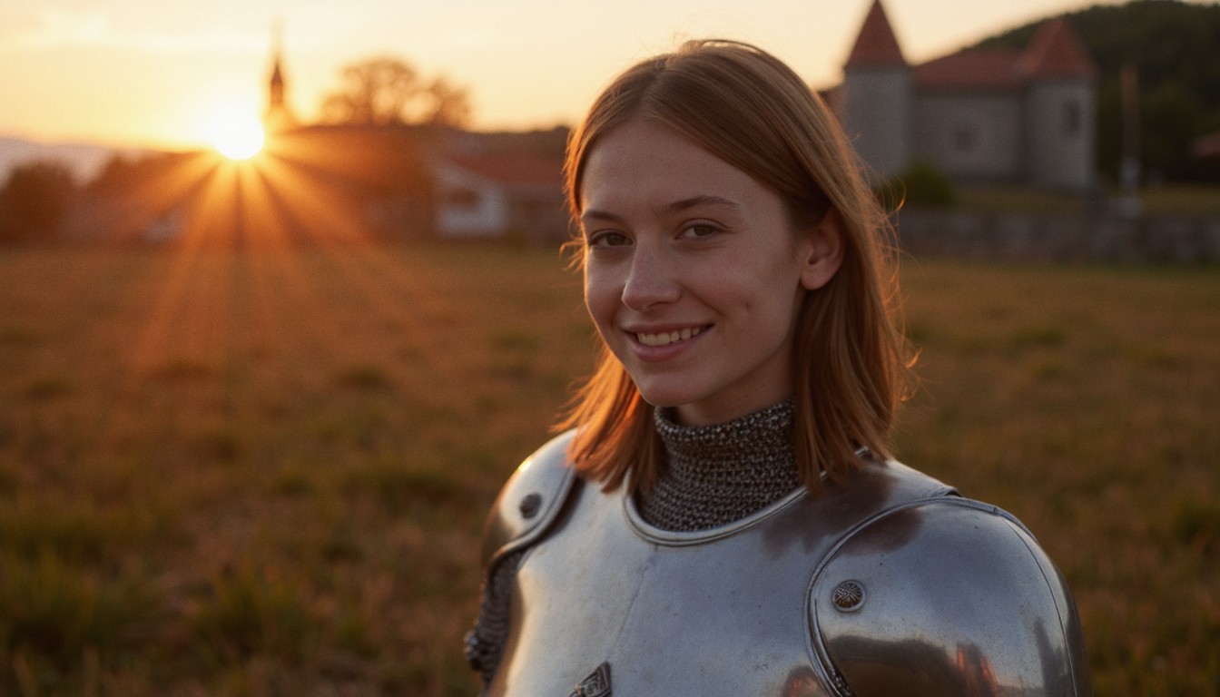 Still Frame, cinematic, dramatic, (masterpiece), (extremely intricate:1.3), (realistic), portrait of a girl, the most beautiful in the world, (medieval armor), metal reflections, upper body, outdoors, intense sunlight, far away castle, professional photograph of a stunning woman detailed, sharp focus, dramatic, award winning, cinematic lighting, , volumetrics dtx, (film grain, blurry background, blurry foreground, bokeh, depth of field, sunset,interaction, Perfectchainmail			 :: (facial expression of smile and tired and sleepy:1.3),		