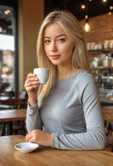 (masterpiece)
a beautiful blond girl drinking coffee,
coffe shop background,
HDR, 8k, trending on artstation,