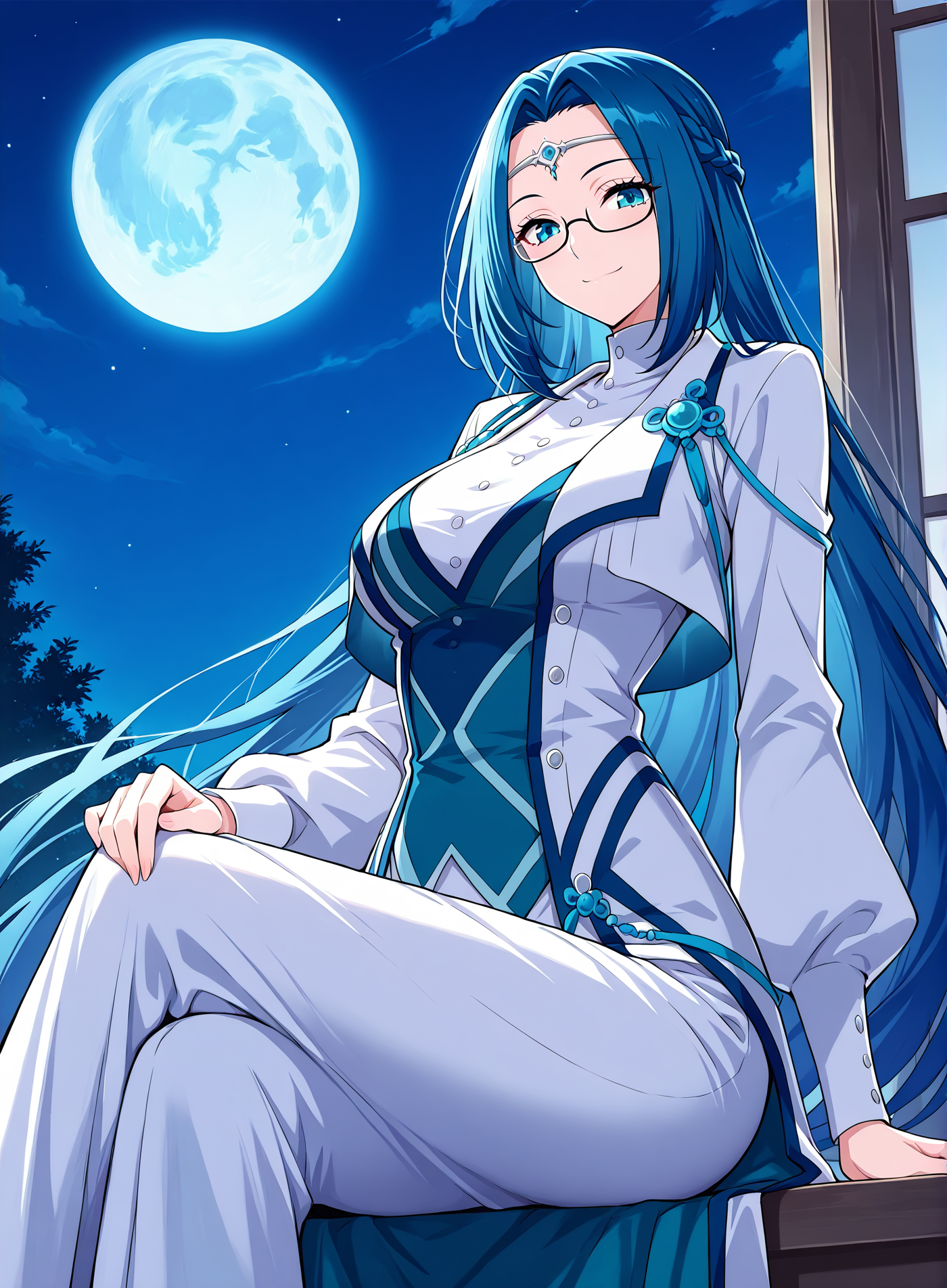 <lora:Ruo_Ling__Battle_Through_the_Heavens__Illustrious:1>
1 girl, solo, blue eyes, very long hair, blue hair, french braid, half updo, 
dress, long skirt, long sleeves, bottons, circlet, jewelry, glasses, semi-rimless eyewear,  
(Anime_source),Masterpiece,(perfect female body:1.2), small waist,(incredibly detailed:1.4), slim, smile, looking at viewer, sitting, crossed legs, night, blue sky, blue moon,