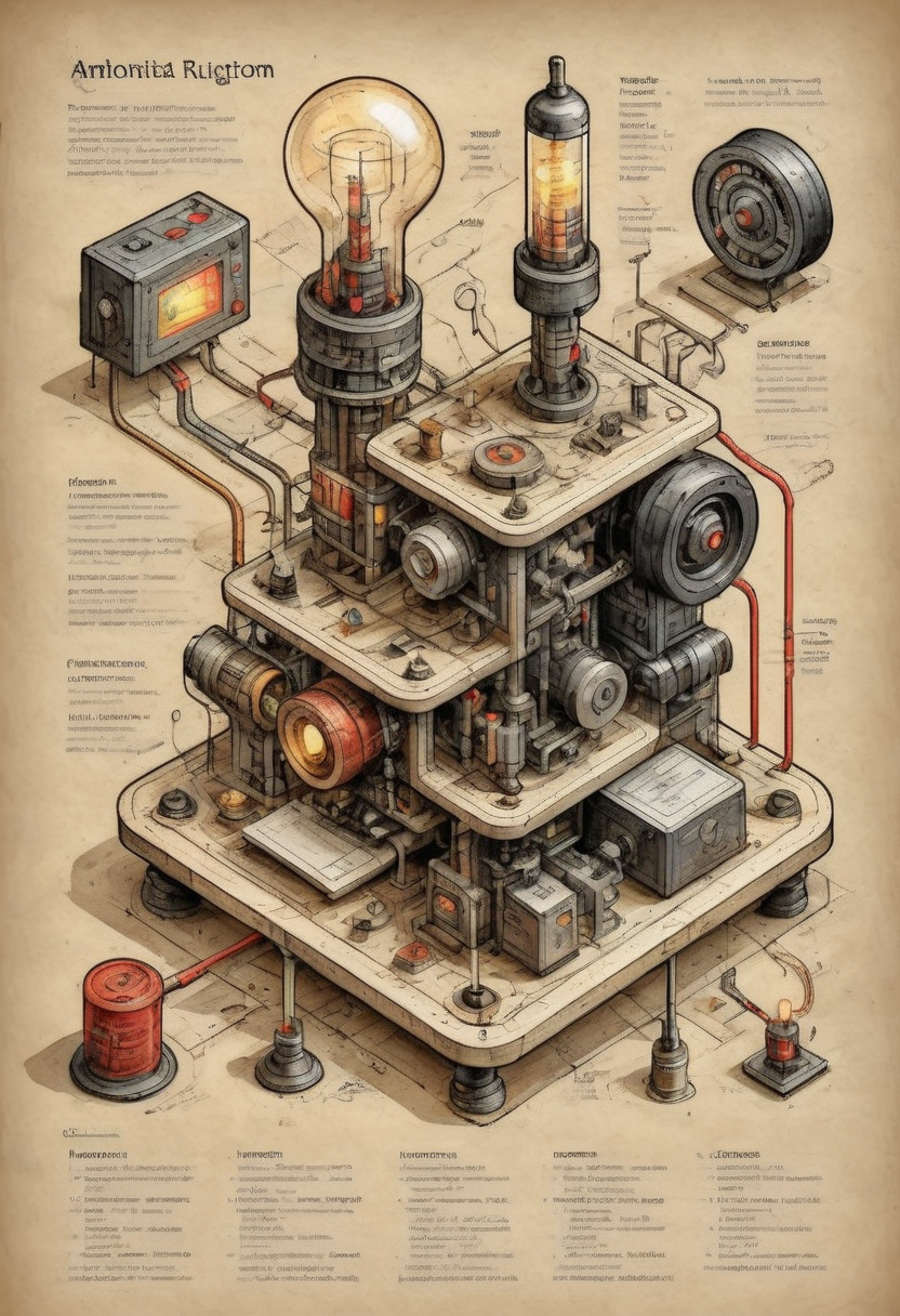isometric diagram annotated highly detailed mechanical rube-goldberg machine alchemy and science cluttered workspace wires and glowing electric parts inscrutable machinery