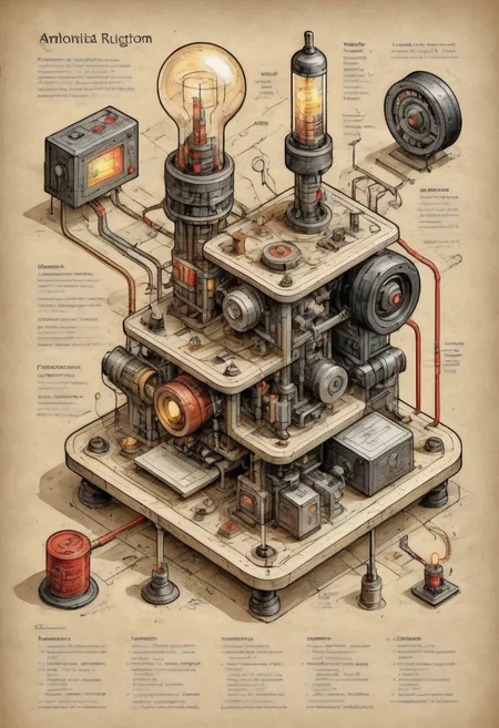 isometric diagram annotated highly detailed mechanical rube-goldberg machine alchemy and science cluttered workspace wires and glowing electric parts inscrutable machinery