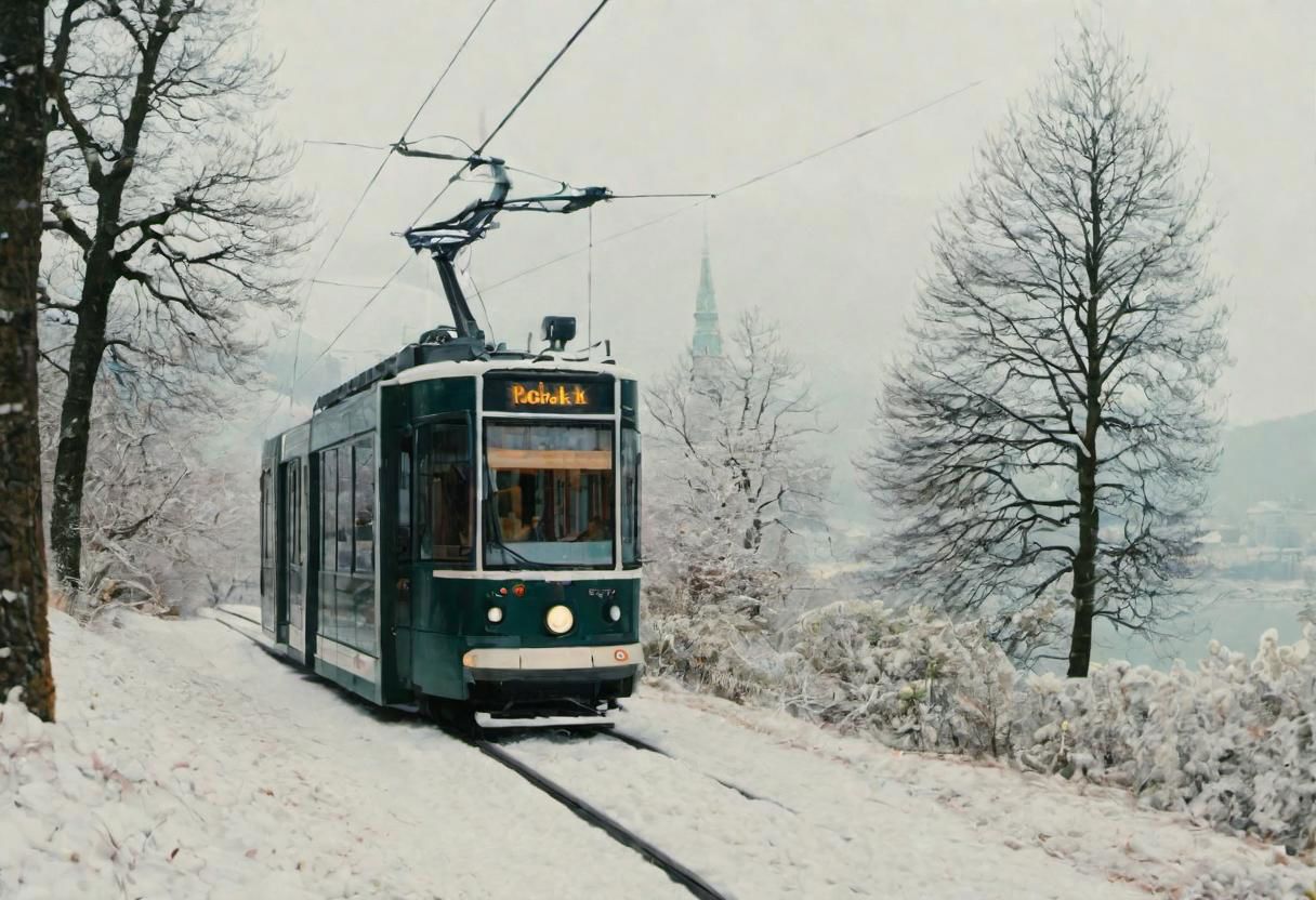 (Bokeh:1.1), kodak photo 38 mm, breath-taking film photography, movie effects, film grain, epic, masterpiece, best of the best, 4k uhd, intricate details, muted colors, wide shot of the modern black tram passing by Vienna in winter, snowy, pines, gigantic frozen lake surrounding the whole frame, minimalistic, shallow depth of image, crisp, clear, haze lighting, muted colors, cloudy