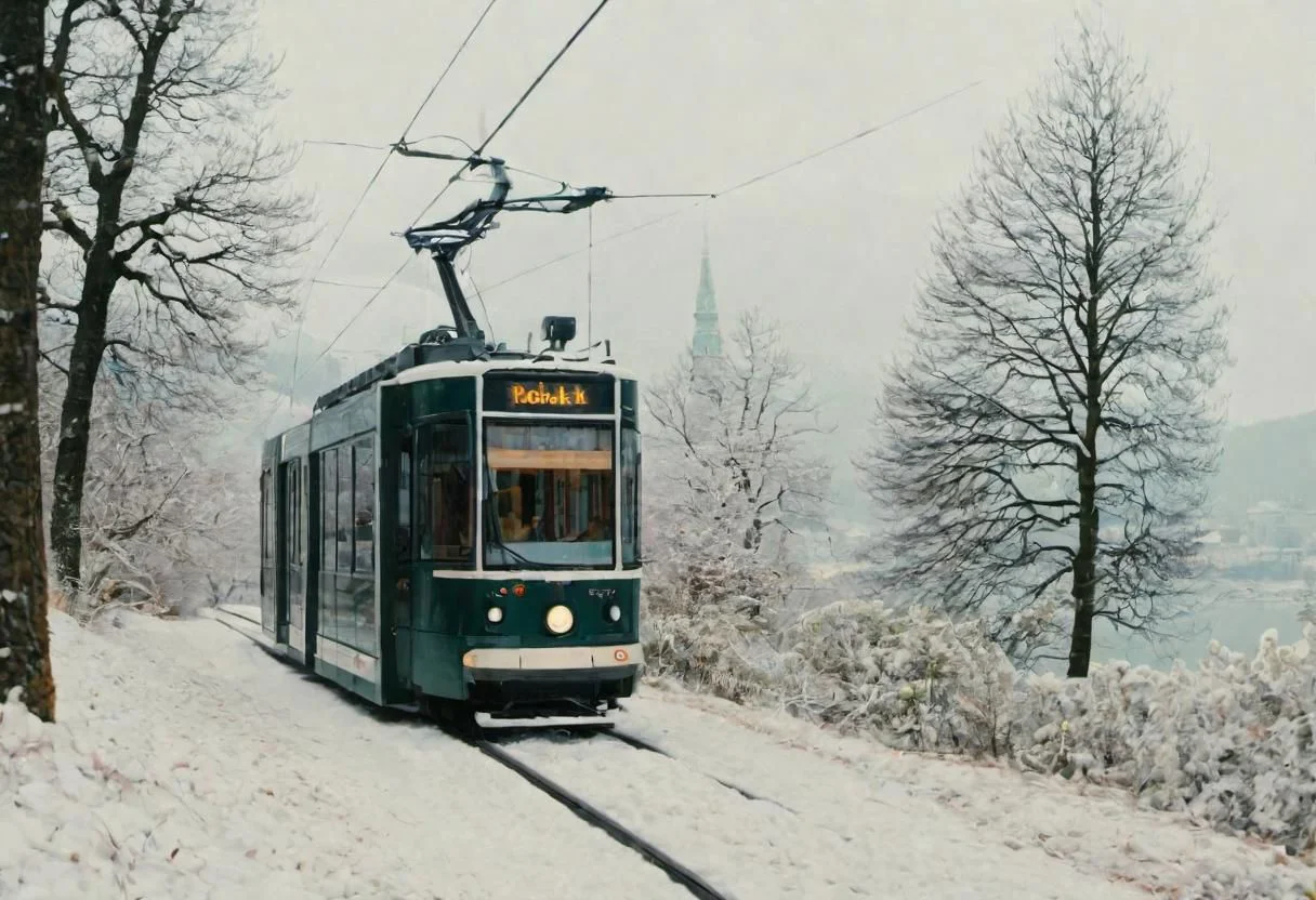 (Bokeh:1.1), kodak photo 38 mm, breath-taking film photography, movie effects, film grain, epic, masterpiece, best of the best, 4k uhd, intricate details, muted colors, wide shot of the modern black tram passing by Vienna in winter, snowy, pines, gigantic frozen lake surrounding the whole frame, minimalistic, shallow depth of image, crisp, clear, haze lighting, muted colors, cloudy