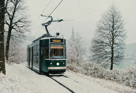 (Bokeh:1.1), kodak photo 38 mm, breath-taking film photography, movie effects, film grain, epic, masterpiece, best of the best, 4k uhd, intricate details, muted colors, wide shot of the modern black tram passing by Vienna in winter, snowy, pines, gigantic frozen lake surrounding the whole frame, minimalistic, shallow depth of image, crisp, clear, haze lighting, muted colors, cloudy
