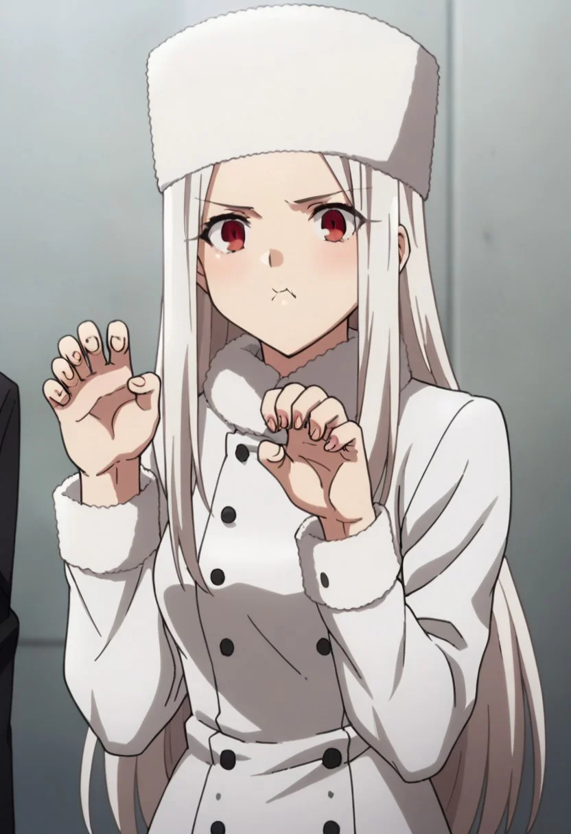 score_9, score_7_up, score_6_up, score_5_up, source_anime, rating_safe, (anime screencap:0.2), solo focus, 1girl, cowboy shot, long hair, white hair, red eyes, medium breasts, white fur hat, coat, thigh boots, hands up, paw pose, pout, closed mouth, puffy cheeks,
