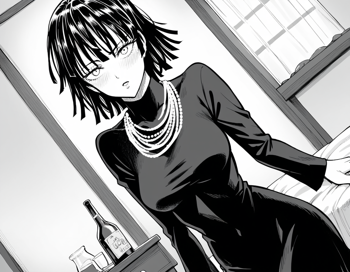 score_9, score_8_up, score_7_up, source_anime,
fubuki, <lora:opm-fubuki-manga-ponyxl-lora-nochekaiser:1>,
fubuki, fubuki \(one-punch man\), black hair, medium hair, monochrome, greyscale,
black dress, dress, high collar, jewelry, necklace, taut clothes, taut dress,
indoors, bed, bed room, on side, blush, drunk,
looking at viewer, cowboy shot, solo, dutch angle,
