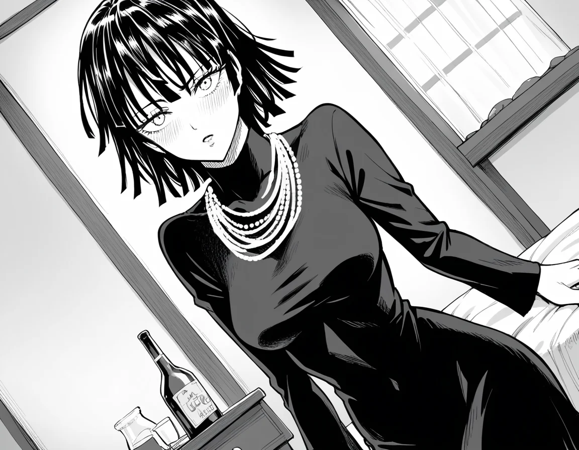 score_9, score_8_up, score_7_up, source_anime,
fubuki, <lora:opm-fubuki-manga-ponyxl-lora-nochekaiser:1>,
fubuki, fubuki \(one-punch man\), black hair, medium hair, monochrome, greyscale,
black dress, dress, high collar, jewelry, necklace, taut clothes, taut dress,
indoors, bed, bed room, on side, blush, drunk,
looking at viewer, cowboy shot, solo, dutch angle,