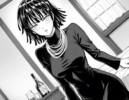 score_9, score_8_up, score_7_up, source_anime,
fubuki, <lora:opm-fubuki-manga-ponyxl-lora-nochekaiser:1>,
fubuki, fubuki \(one-punch man\), black hair, medium hair, monochrome, greyscale,
black dress, dress, high collar, jewelry, necklace, taut clothes, taut dress,
indoors, bed, bed room, on side, blush, drunk,
looking at viewer, cowboy shot, solo, dutch angle,