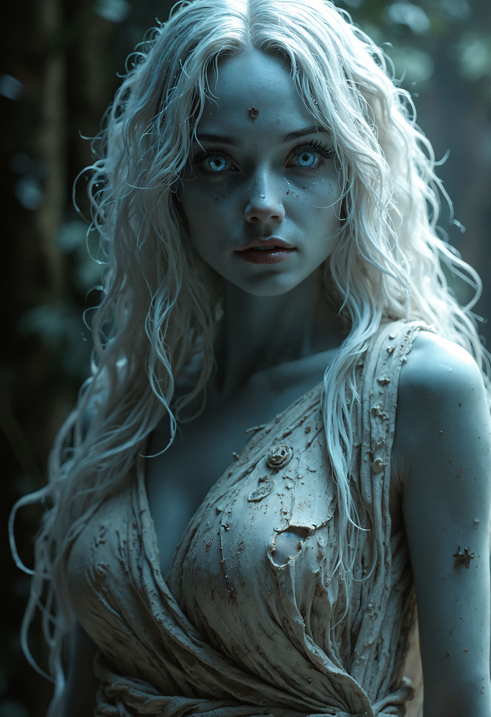 A mesmerizing changeling woman, her skin a striking blueish-grey hue, eyes a ghostly white, and hair a stunning shade of white, stands dressed in tattered rags. The image, whether a painting or photograph, captures her ethereal beauty with a sense of eerie grace. Every detail, from her otherworldly appearance to the worn clothing she wears, tells a story of mystery and transformation. The high-quality rendering of this enigmatic figure draws viewers into a world of captivating enchantment.
