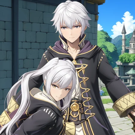 RobinFEXL, 1boy 1girl, white hair, wizard, , (anime, masterpiece, intricate:1.3), (best quality, hires textures, high detail:1.2), (4k),(incredibly detailed:1.4),UHD, 8K, ultra detailed <lora:RobinFEXL:.9>