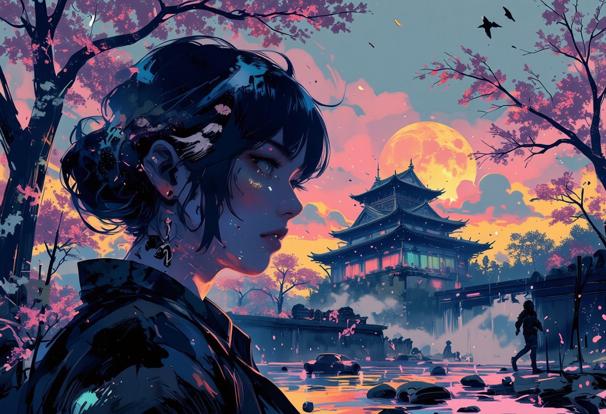 in the style of ck-mgs, nistyle, Special Ink-drawing mode, intricate linework with expressive contrasts, Mh1$AgThS2, Inkplash art on rice paper, sepia, henna , Silhouette Art, magnificent, inksplash anime art, pscho_4rt, a breathtaking ultra-HD anime-style illustration of a electro_style, cowboy, masterpiece, best quality, newest, absurdres, highres, by an ancient japanese edo castle, sunset, ink artwork, sharp color, sakura trees in the background, moon in background. The atmosphere is tranquil yet powerful, evoking a sense of nostalgia and wonder. Highly detailed character, precise silhouette, cinematic lighting, ultra-realistic textures, dreamy and immersive composition, masterpiece. (mainly blue colors)